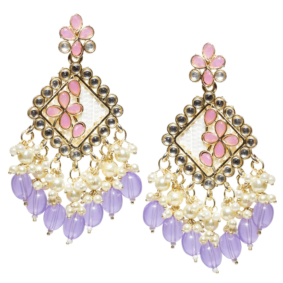 Pair of Bindhani gold-plated traditional chandelier earrings featuring a diamond-shaped frame bordered with round kundan stones, a white textured center, and purple floral enamel accents. The earrings are embellished with pearl clusters and dangling purple teardrop beads, creating a vibrant festive look. Displayed against a white background.