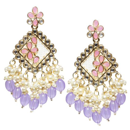 Pair of Bindhani gold-plated traditional chandelier earrings featuring a diamond-shaped frame bordered with round kundan stones, a white textured center, and purple floral enamel accents. The earrings are embellished with pearl clusters and dangling purple teardrop beads, creating a vibrant festive look. Displayed against a white background.