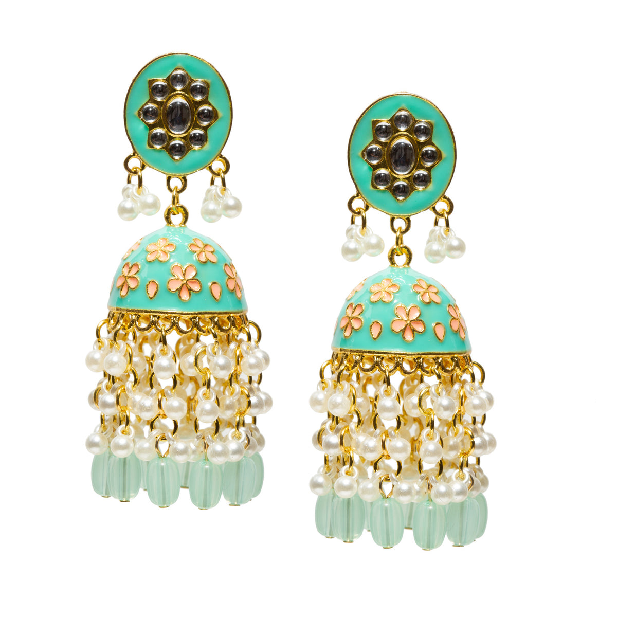 Pair of Bindhani gold-plated jhumka earrings featuring mint green meenakari dome tops with floral detailing, Kundan-style stone cluster studs, and layered pearl bead drops ending in soft mint green bead accents.