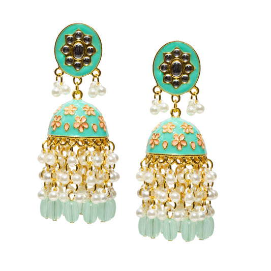 Pair of Bindhani gold-plated jhumka earrings featuring mint green meenakari dome tops with floral detailing, Kundan-style stone cluster studs, and layered pearl bead drops ending in soft mint green bead accents.