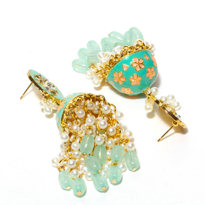 Bindhani-Gold-Plated-Kundan-Stones-Beads-Mint-Green-Pearl-Drops-Meenakari-Jhumka-Earrings-For-Women