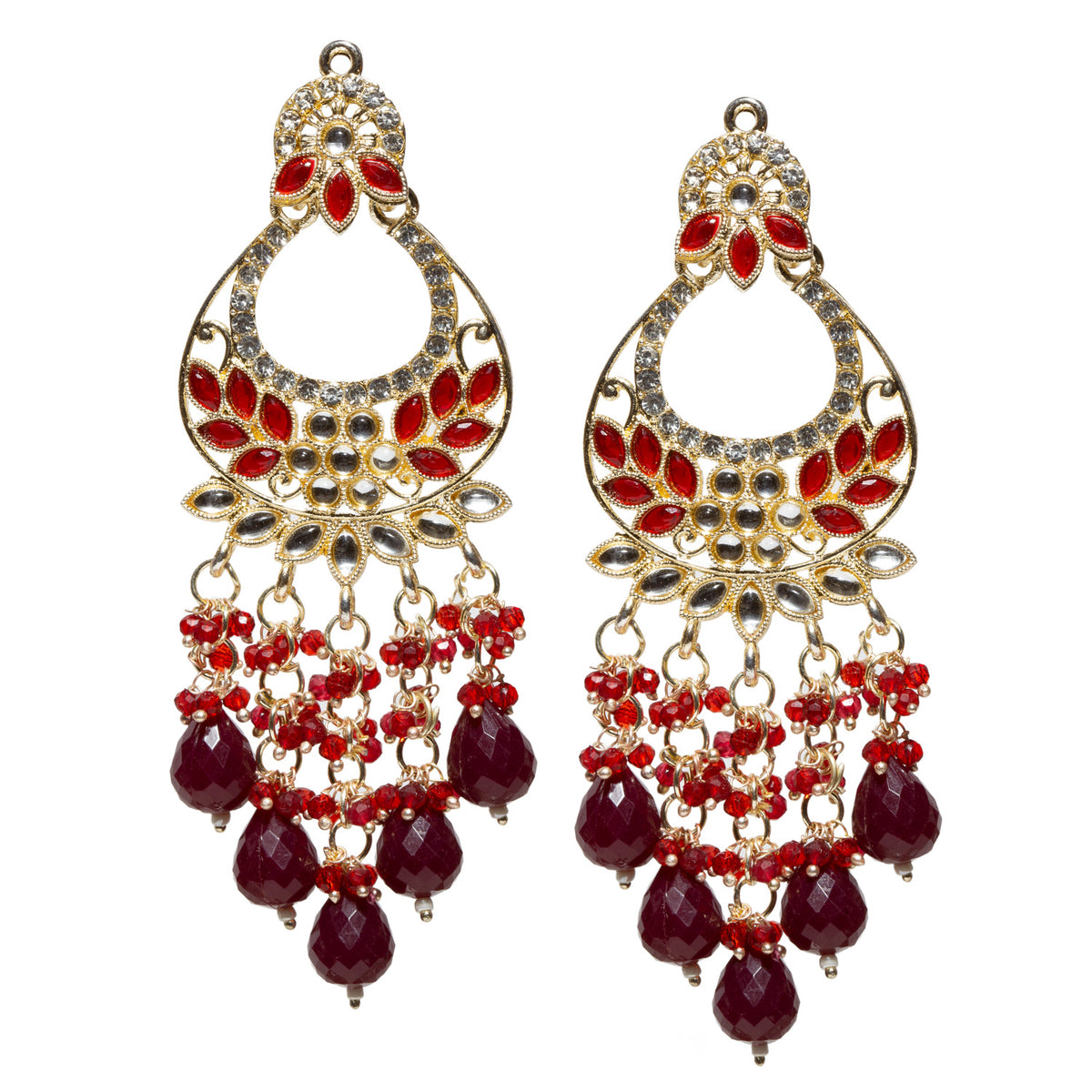Bindhani gold-plated long chandelier earrings featuring maroon Kundan stones, sparkling white crystals, intricate floral detailing, and dangling teal teardrop beads for an elegant traditional ethnic look.