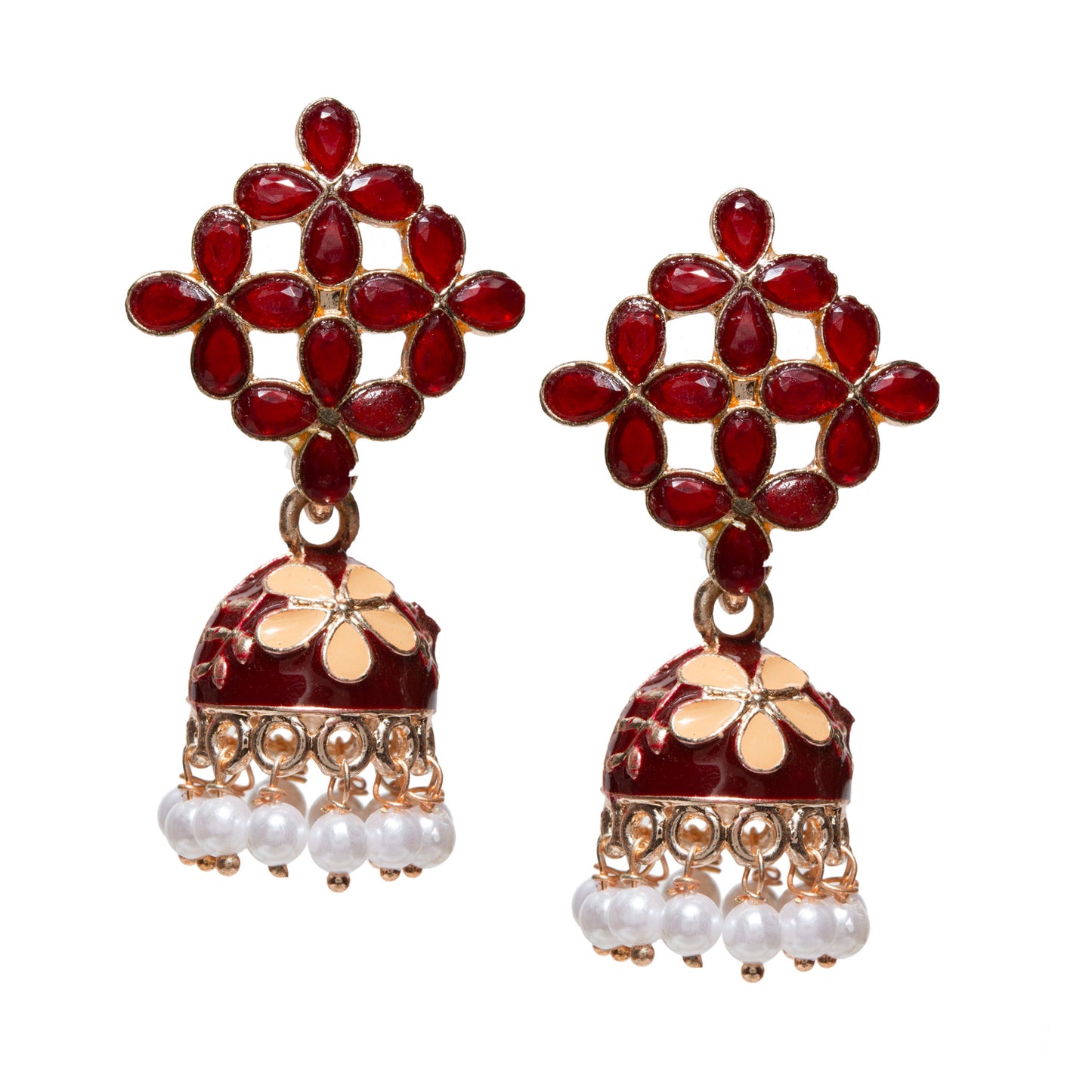 Bindhani gold-plated small Meenakari jhumki earrings in maroon color featuring a floral lattice stud pattern with teardrop-shaped stones, enamel dome-shaped jhumki with cream floral detailing, and dangling white pearl beads. Elegant traditional ethnic earrings ideal for festive, casual, and wedding wear.