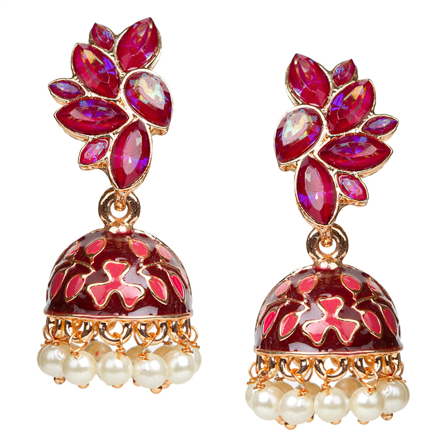 Bindhani-Gold-Plated-Meenakari-Maroon-Color-Small-Jhumkai-For-Women