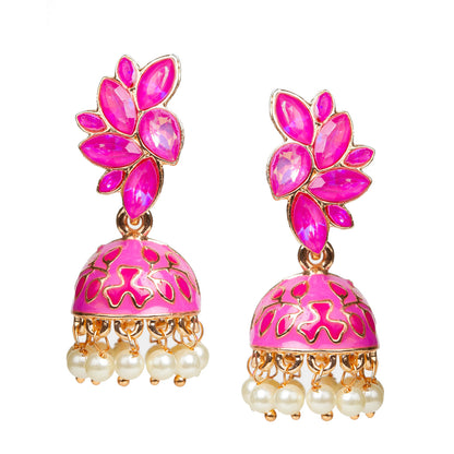 Bindhani-Gold-Plated-Meenakari-Pink-Color-Small-Jhumkai-For-Women