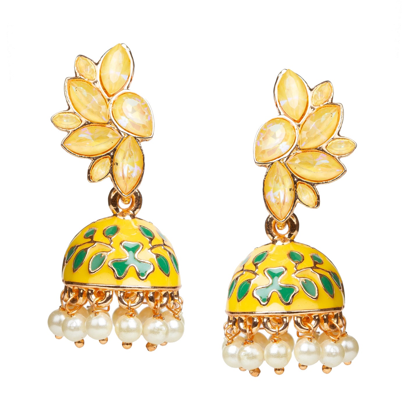 Bindhani-Gold-Plated-Meenakari-Yellow-Color-Small-Jhumkai-For-Women