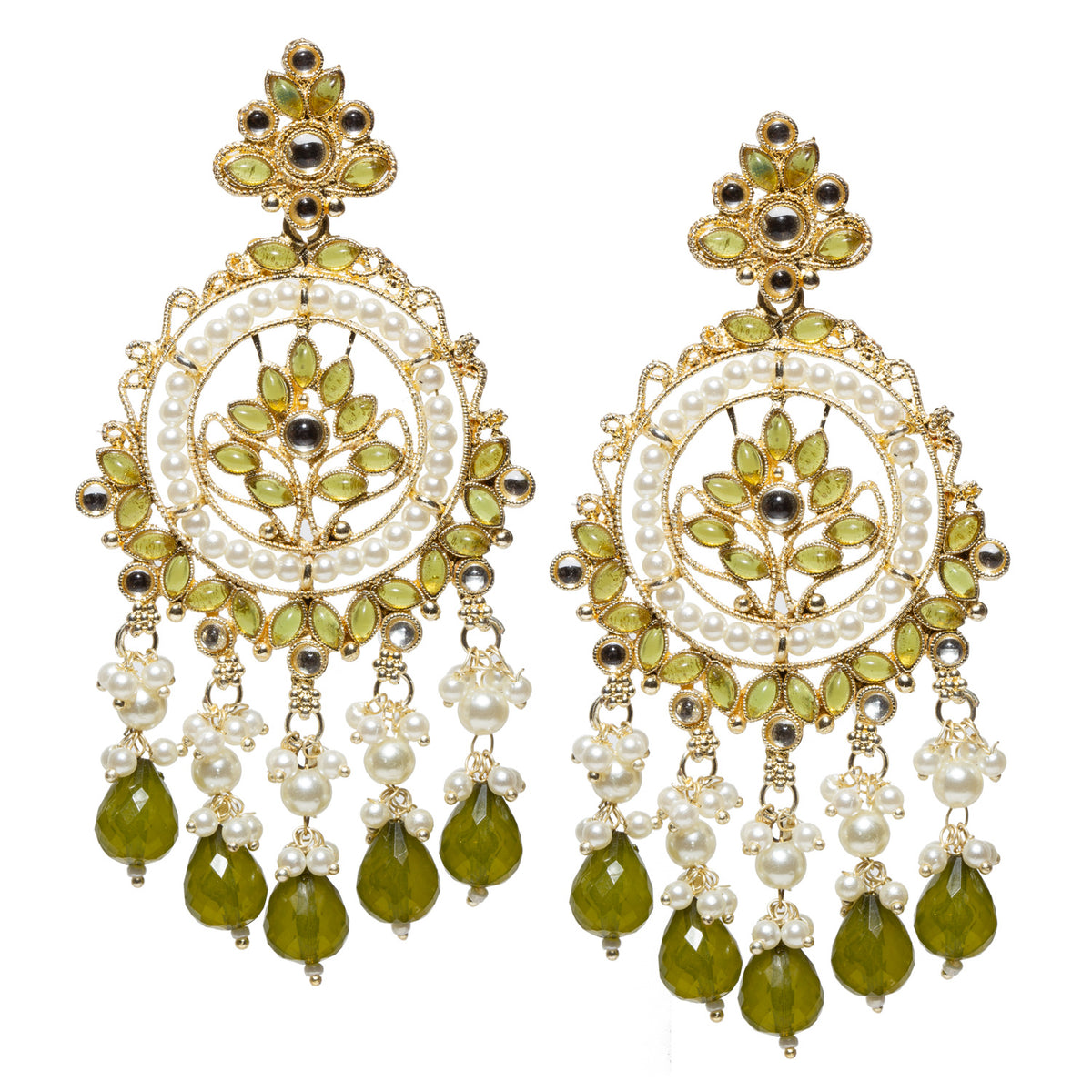 Bindhani gold-plated mehandi green chandbali earrings featuring mehandi green leaf-shaped stones, kundan stones, pearl circular design, pearl cluster hangings, and mehandi green teardrop bead danglers.
