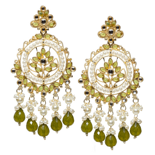 Bindhani gold-plated mehandi green chandbali earrings featuring mehandi green leaf-shaped stones, kundan stones, pearl circular design, pearl cluster hangings, and mehandi green teardrop bead danglers.