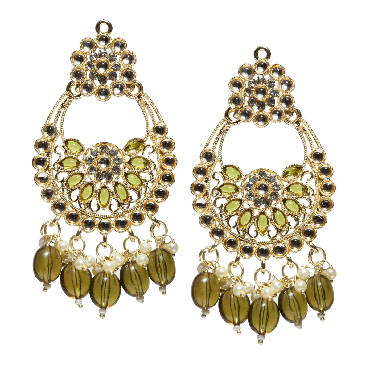 Pair of gold-tone chandelier earrings with stone detailing, mehandi green marquise-shaped floral accents, intricate filigree, and five dangling oval mehandi green beads with small faux pearl clusters.