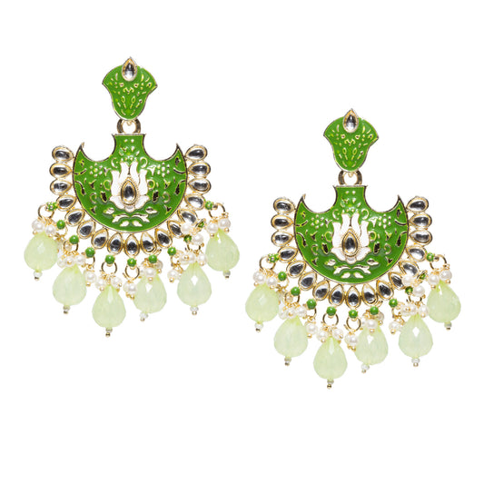 Bindhani gold-plated mint green crescent meenakari earrings with teardrop kundan stones, lotus floral centerpiece, pearl cluster hangings, and mint green faceted teardrop bead danglers.