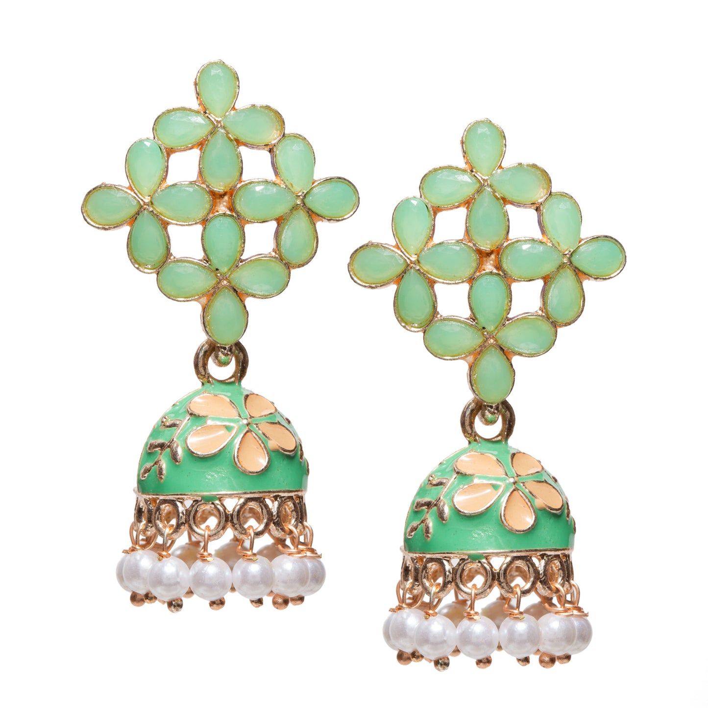 Bindhani gold-plated small Meenakari jhumki earrings in mint-green color featuring a floral lattice stud pattern with teardrop-shaped stones, enamel dome-shaped jhumki with cream floral detailing, and dangling white pearl beads. Elegant traditional ethnic earrings ideal for festive, casual, and wedding wear.
