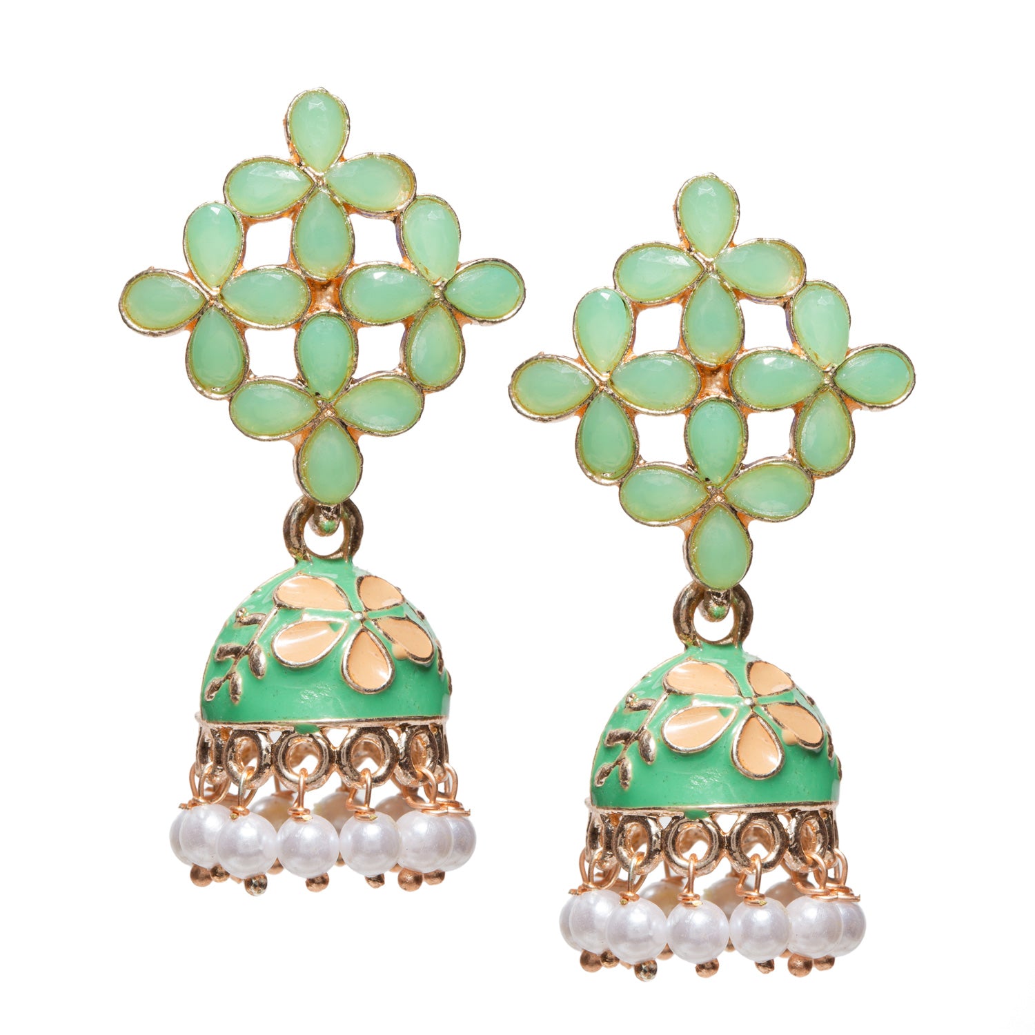 Bindhani gold-plated small Meenakari jhumki earrings in mint-green color featuring a floral lattice stud pattern with teardrop-shaped stones, enamel dome-shaped jhumki with cream floral detailing, and dangling white pearl beads. Elegant traditional ethnic earrings ideal for festive, casual, and wedding wear.