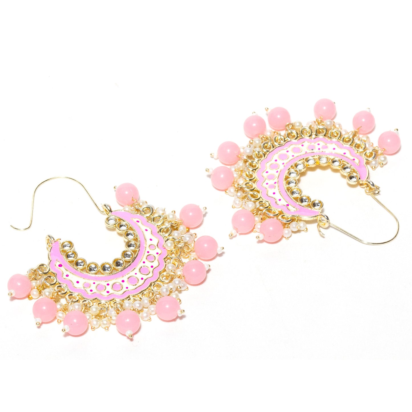 Bindhani-Gold-Plated-Multicolor-Baby-Pink-Meenakari-Cluster-Beaded-Drops-Crescent-Hoop-Earring-For-Women