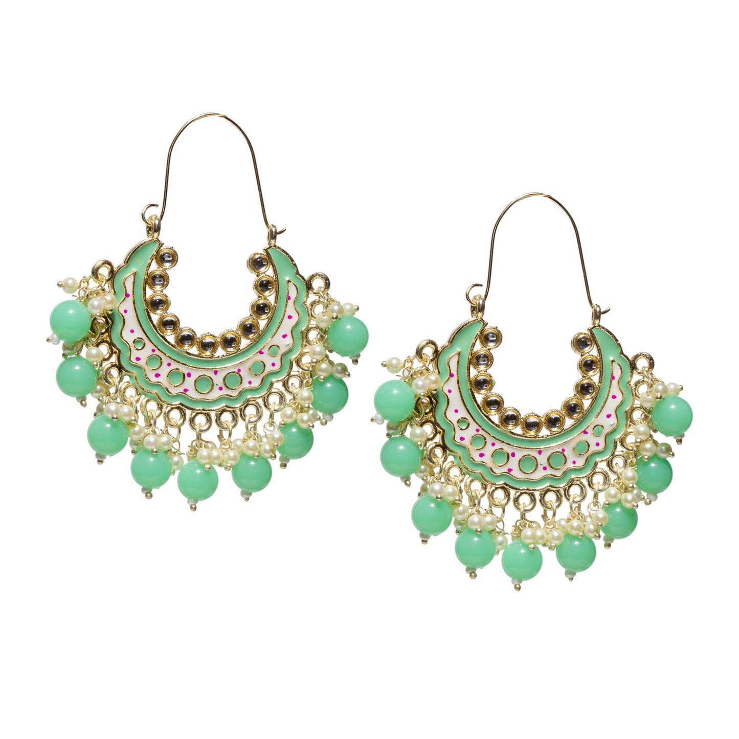 Bindhani-Gold-Plated-Multicolor-Mint-Green-Meenakari-Cluster-Beaded-Drops-Crescent-Hoop-Earring-For-Women