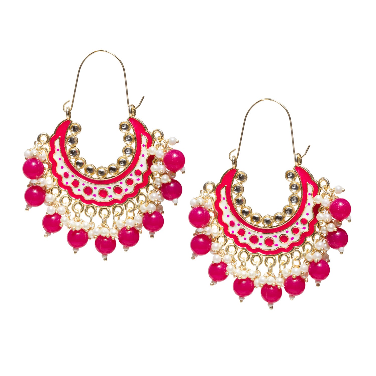 Bindhani-Gold-Plated-Multicolor-Rani-Pink-Meenakari-Cluster-Beaded-Drops-Crescent-Hoop-Earring-For-Women-and-Girls