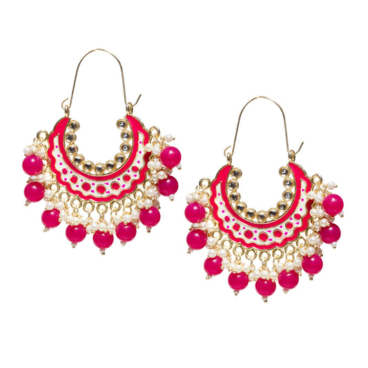 Bindhani pink enamel hoop earrings with kundan stone detailing, white pearl clusters, and pink bead danglers, shown in front and angled views with secure fish hook closure.