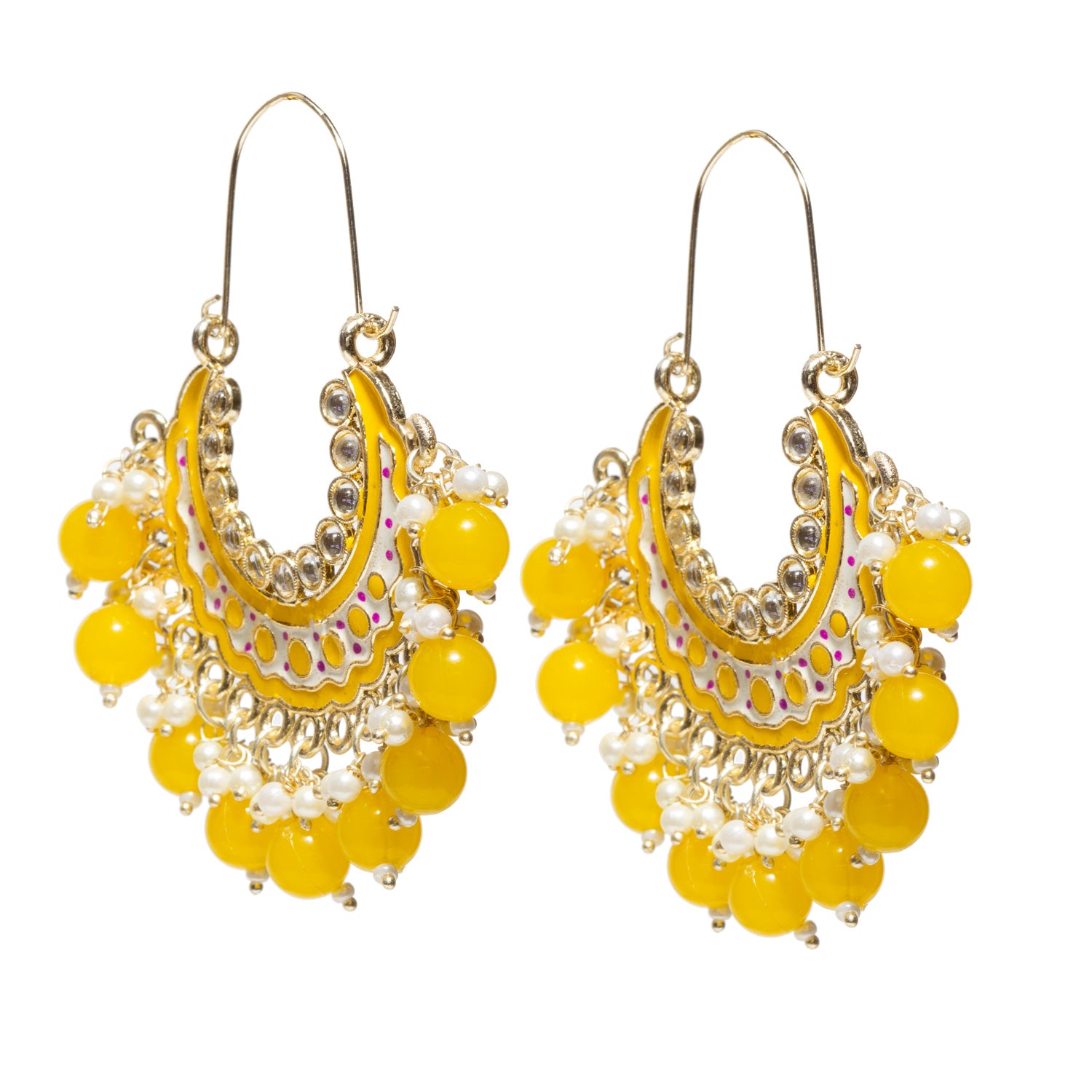 Bindhani-Gold-Plated-Multicolor-Yellow-Meenakari-Cluster-Beaded-Drops-Crescent-Hoop-Earring-For-Women-and-Girls