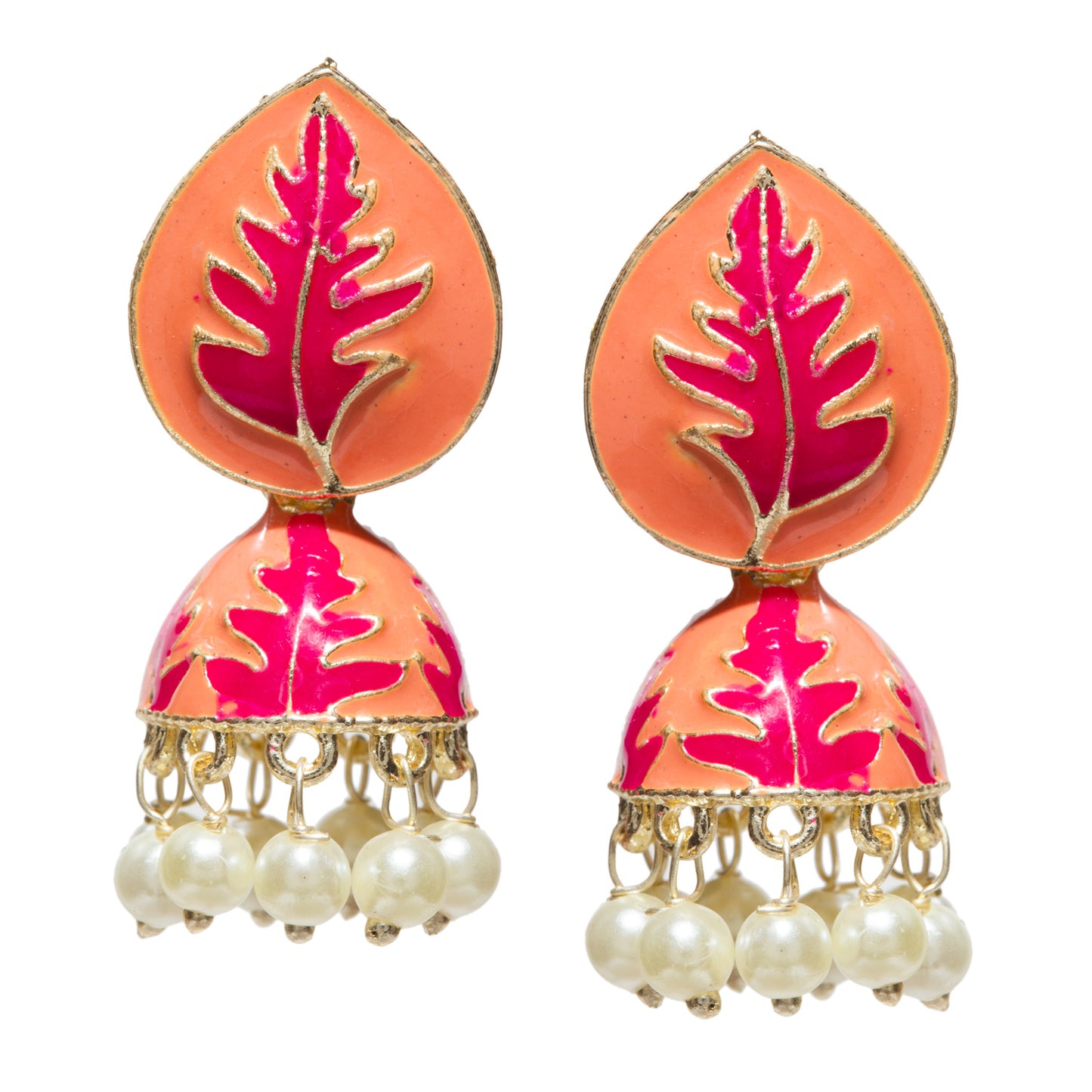 Bindhani-Gold-Plated-Orange-Color-Meenakari-Small-Jhumki-For-Women-and-Teenage-Girls