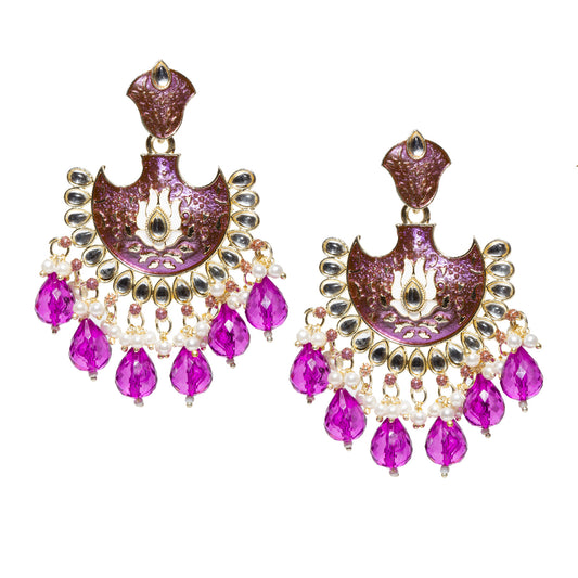 Bindhani gold-plated purple crescent meenakari earrings with teardrop kundan stones, lotus floral centerpiece, pearl cluster hangings, and purple faceted teardrop bead danglers. 