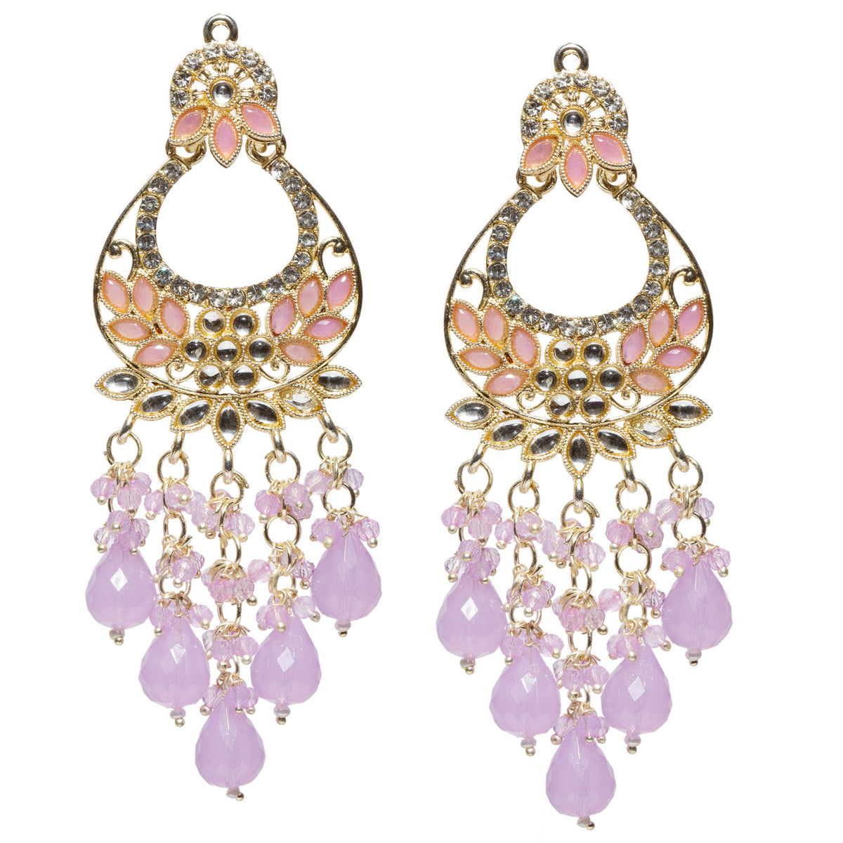 Bindhani gold-plated long chandelier earrings featuring purple Kundan stones, sparkling white crystals, intricate floral detailing, and dangling teal teardrop beads for an elegant traditional ethnic look.