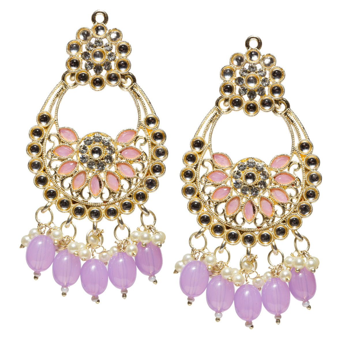 Pair of gold-tone chandelier earrings with stone detailing, purple marquise-shaped floral accents, intricate filigree, and five dangling oval purple beads with small faux pearl clusters.