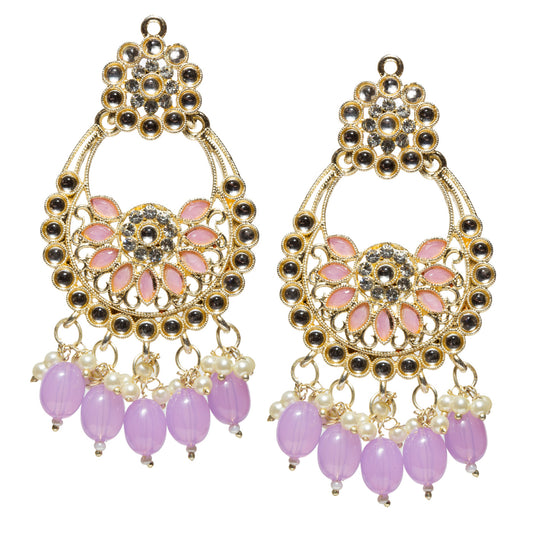Pair of gold-tone chandelier earrings with stone detailing, purple marquise-shaped floral accents, intricate filigree, and five dangling oval purple beads with small faux pearl clusters.