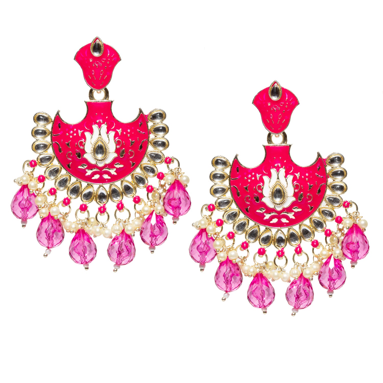 Bindhani-Gold-Plated-Rani-Pink-Color-Drop-Meenakari-Kundan-Earrings-For-Women-and-Girls