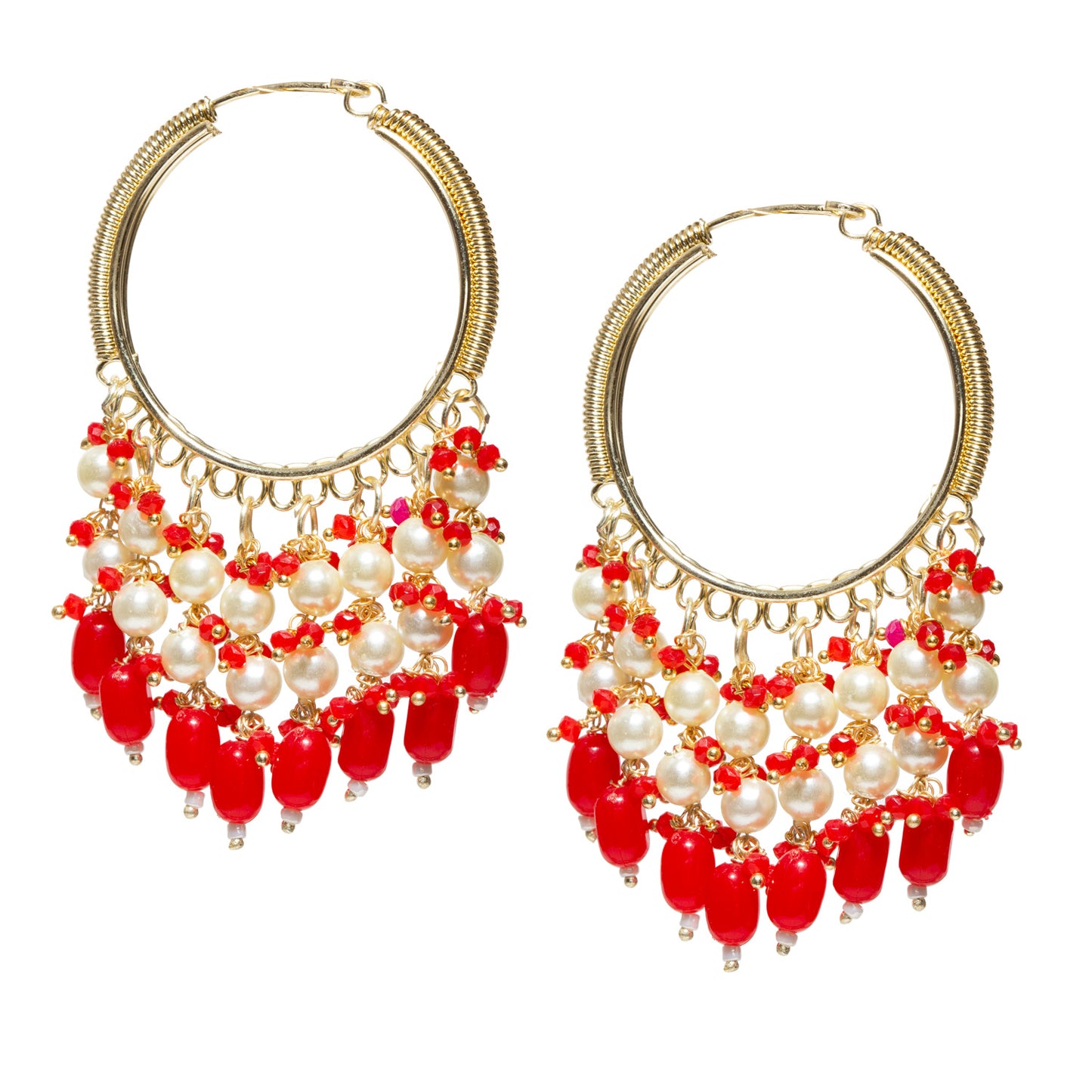 Bindhani-Gold-Plated-Red-Beaded-Pearl-Drops-Hoop-Earrings-For-Women