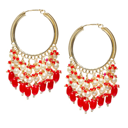 Bindhani-Gold-Plated-Red-Beaded-Pearl-Drops-Hoop-Earrings-For-Women