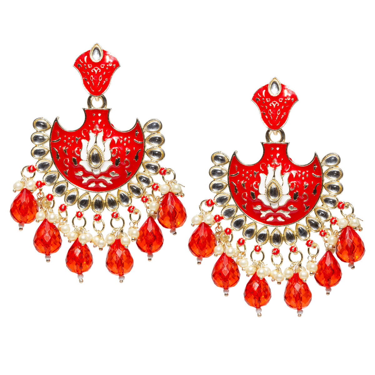 Bindhani gold-plated red crescent meenakari earrings with teardrop kundan stones, lotus floral centerpiece, pearl cluster hangings, and red faceted teardrop bead danglers.