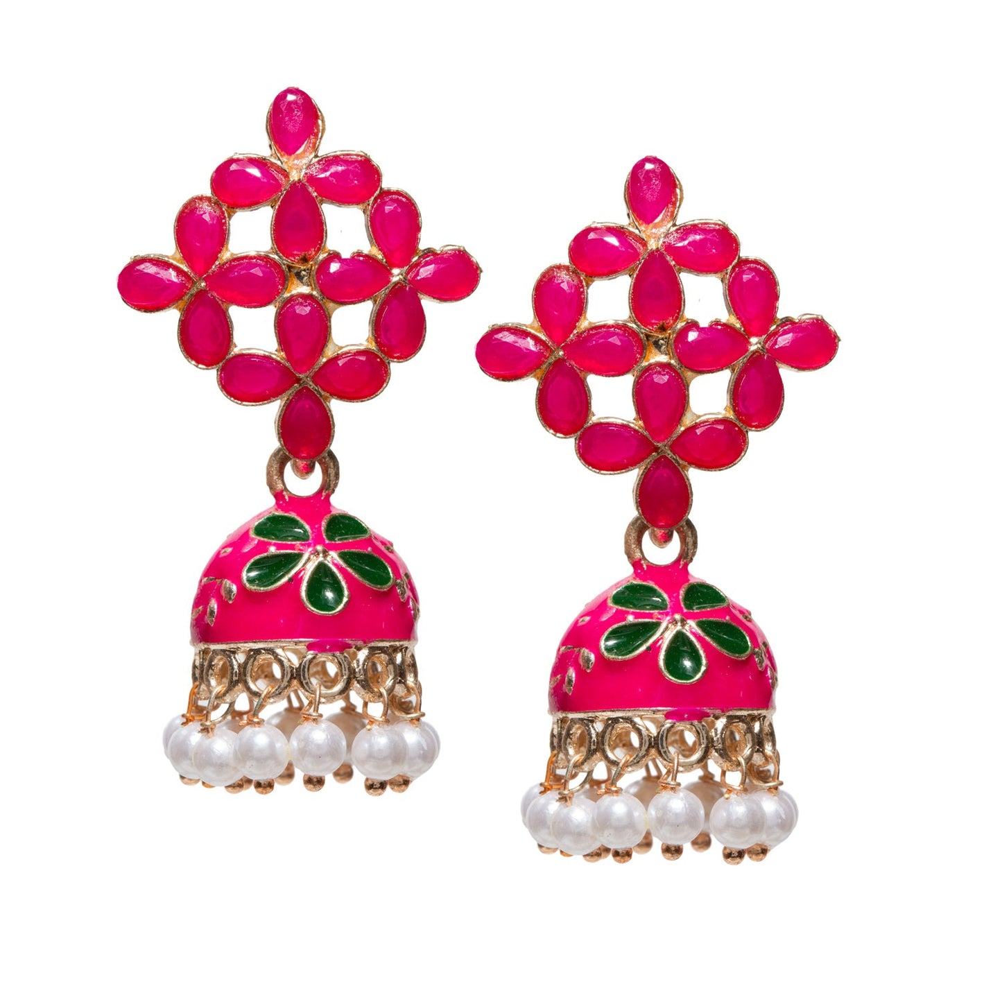 Bindhani gold-plated small Meenakari jhumki earrings in pastelrani pink color featuring a floral lattice stud pattern with teardrop-shaped stones, enamel dome-shaped jhumki with green floral detailing, and dangling white pearl beads. Elegant traditional ethnic earrings ideal for festive, casual, and wedding wear.