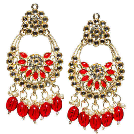 Pair of gold-tone chandelier earrings with stone detailing, red marquise-shaped floral accents, intricate filigree, and five dangling oval red beads with small faux pearl clusters.