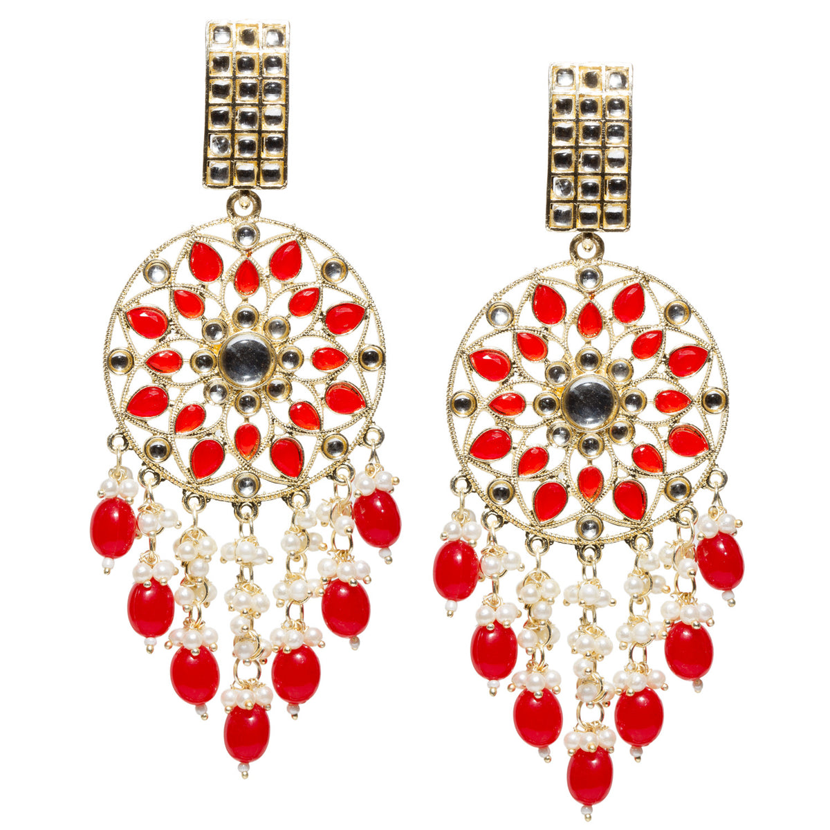 Bindhani gold plated reddrops kundan stone earrings featuring a rectangular kundan stone stud, intricate gold-tone circular floral filigree design with red teardrop stones, central kundan stone, crystal accents, and dangling white pearl clusters with vibrant red bead drops. Elegant ethnic statement earrings displayed as a pair on a white background.