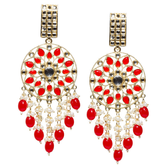 Bindhani gold plated reddrops kundan stone earrings featuring a rectangular kundan stone stud, intricate gold-tone circular floral filigree design with red teardrop stones, central kundan stone, crystal accents, and dangling white pearl clusters with vibrant red bead drops. Elegant ethnic statement earrings displayed as a pair on a white background.