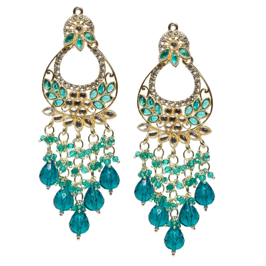 Bindhani gold-plated long chandelier earrings featuring sea green Kundan stones, sparkling white crystals, intricate floral detailing, and dangling teal teardrop beads for an elegant traditional ethnic look.