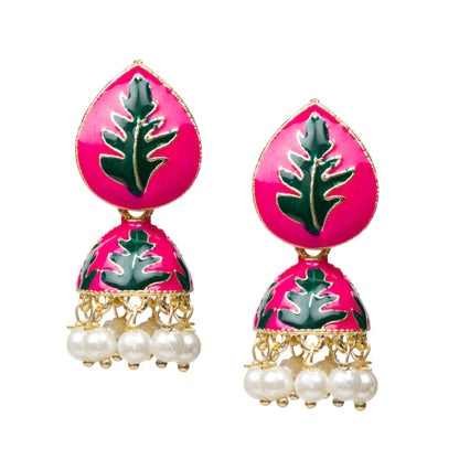 Bindhani-Gold-Plated-Small-Rani-Pink-Color-Meenakari-Jhumki-For-Women