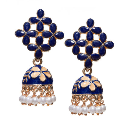 Bindhani gold-plated small Meenakari jhumki earrings in dark blue color featuring a floral lattice stud pattern with teardrop-shaped stones, enamel dome-shaped jhumki with cream floral detailing, and dangling white pearl beads. Elegant traditional ethnic earrings ideal for festive, casual, and wedding wear.