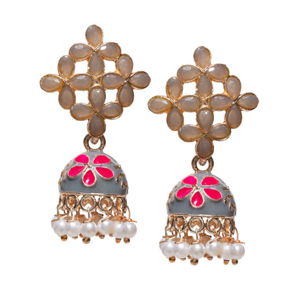 Bindhani gold-plated small Meenakari jhumki earrings in grey color featuring a floral lattice stud pattern with teardrop-shaped stones, enamel dome-shaped jhumki with pink floral detailing, and dangling white pearl beads. Elegant traditional ethnic earrings ideal for festive, casual, and wedding wear.