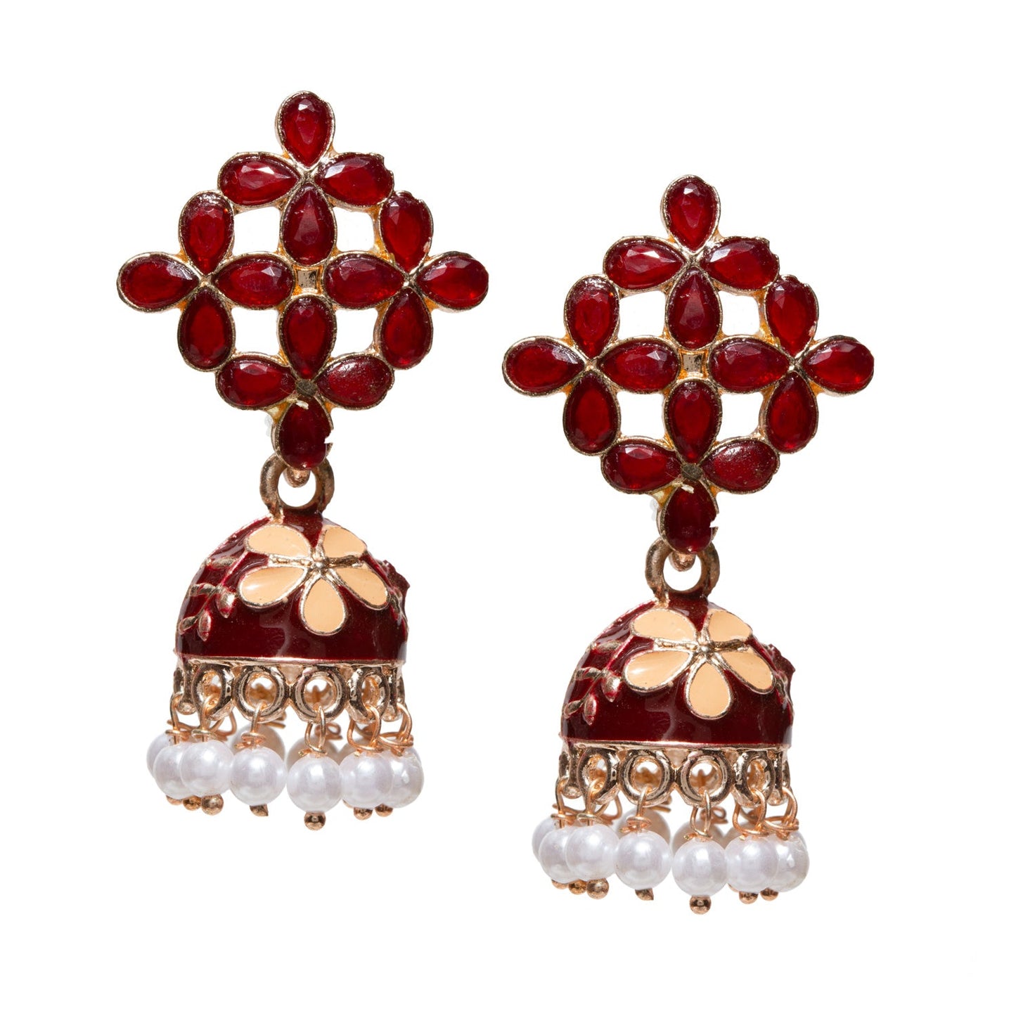Bindhani gold-plated small Meenakari jhumki earrings in maroon color featuring a floral lattice stud pattern with teardrop-shaped stones, enamel dome-shaped jhumki with cream floral detailing, and dangling white pearl beads. Elegant traditional ethnic earrings ideal for festive, casual, and wedding wear.
