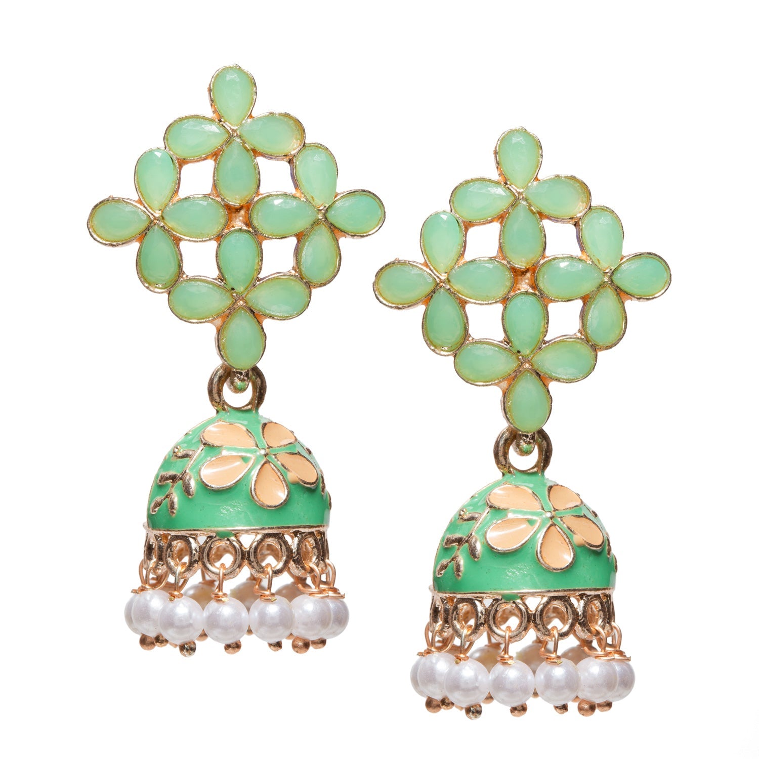 Bindhani gold-plated small Meenakari jhumki earrings in mint-green color featuring a floral lattice stud pattern with teardrop-shaped stones, enamel dome-shaped jhumki with cream floral detailing, and dangling white pearl beads. Elegant traditional ethnic earrings ideal for festive, casual, and wedding wear.