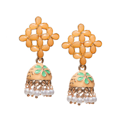 Bindhani gold-plated small Meenakari jhumki earrings in orange, featuring a floral lattice stud design with yellow stone accents, a rama green enamel dome-shaped jhumki, and dangling white pearl beads. Elegant traditional ethnic earrings with intricate handcrafted detailing, ideal for festive, wedding, and special occasion wear.