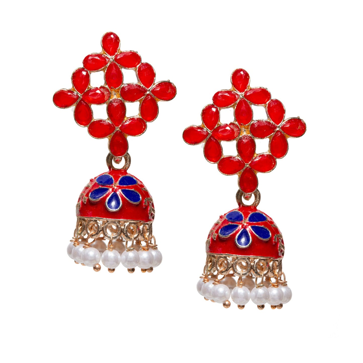 Bindhani gold-plated small Meenakari jhumki earrings in red color featuring a floral lattice stud design with red stone detailing, blue enamel dome-shaped jhumki, and dangling white pearl beads. Traditional ethnic earrings with intricate handcrafted finish for festive and wedding wear.