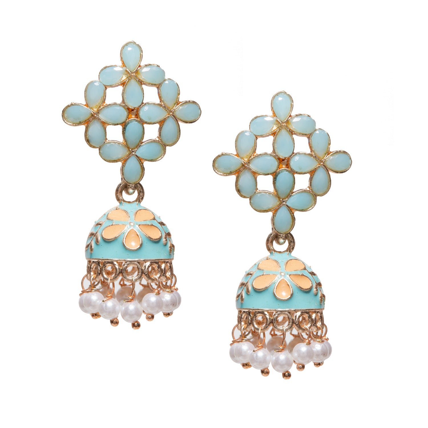 Bindhani gold-plated Meenakari jhumki earrings in turquoise blue, showcasing a floral lattice stud pattern with turquoise stone embellishments, a turquoise cream enamel jhumki dome, and delicate white pearl bead danglers. Traditional handcrafted ethnic earrings perfect for festive celebrations and wedding wear.