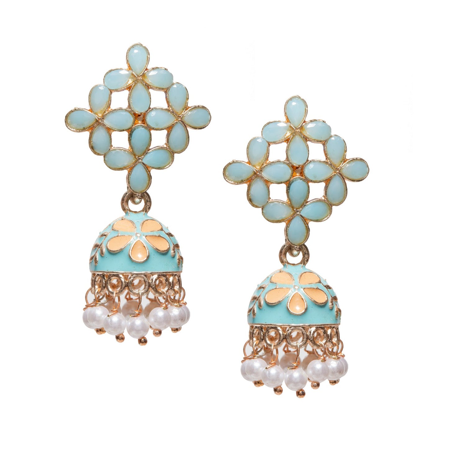Bindhani gold-plated small Meenakari jhumki earrings in pastel sky blue color featuring a floral lattice stud pattern with teardrop-shaped stones, enamel dome-shaped jhumki with cream floral detailing, and dangling white pearl beads. Elegant traditional ethnic earrings ideal for festive, casual, and wedding wear.