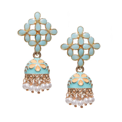 Bindhani gold-plated small Meenakari jhumki earrings in pastel sky blue color featuring a floral lattice stud pattern with teardrop-shaped stones, enamel dome-shaped jhumki with cream floral detailing, and dangling white pearl beads. Elegant traditional ethnic earrings ideal for festive, casual, and wedding wear.
