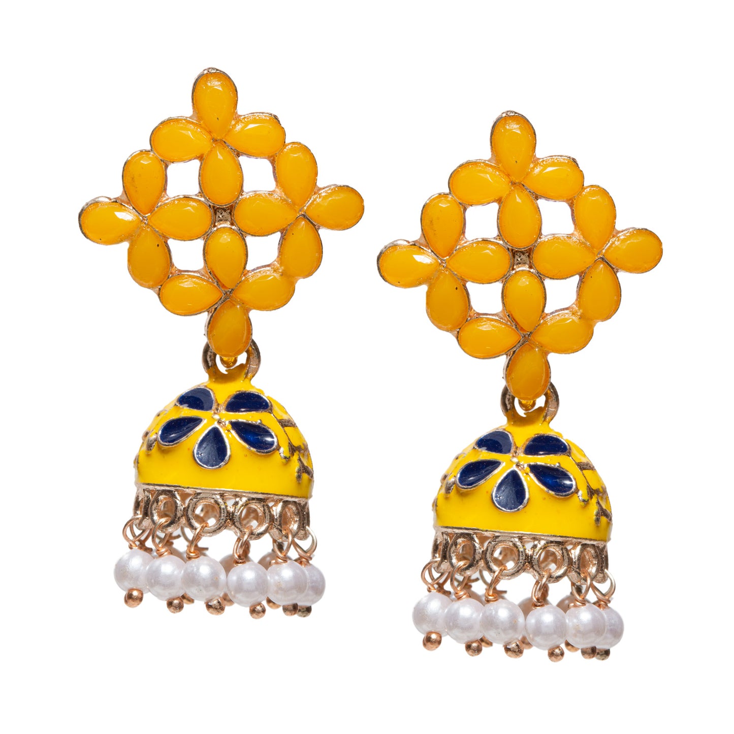 Bindhani gold-plated Meenakari jhumki earrings in yellow, showcasing a floral lattice stud pattern with yellow stone embellishments, a yellow and blue enamel jhumki dome, and delicate white pearl bead danglers. Traditional handcrafted ethnic earrings perfect for festive celebrations and wedding wear.