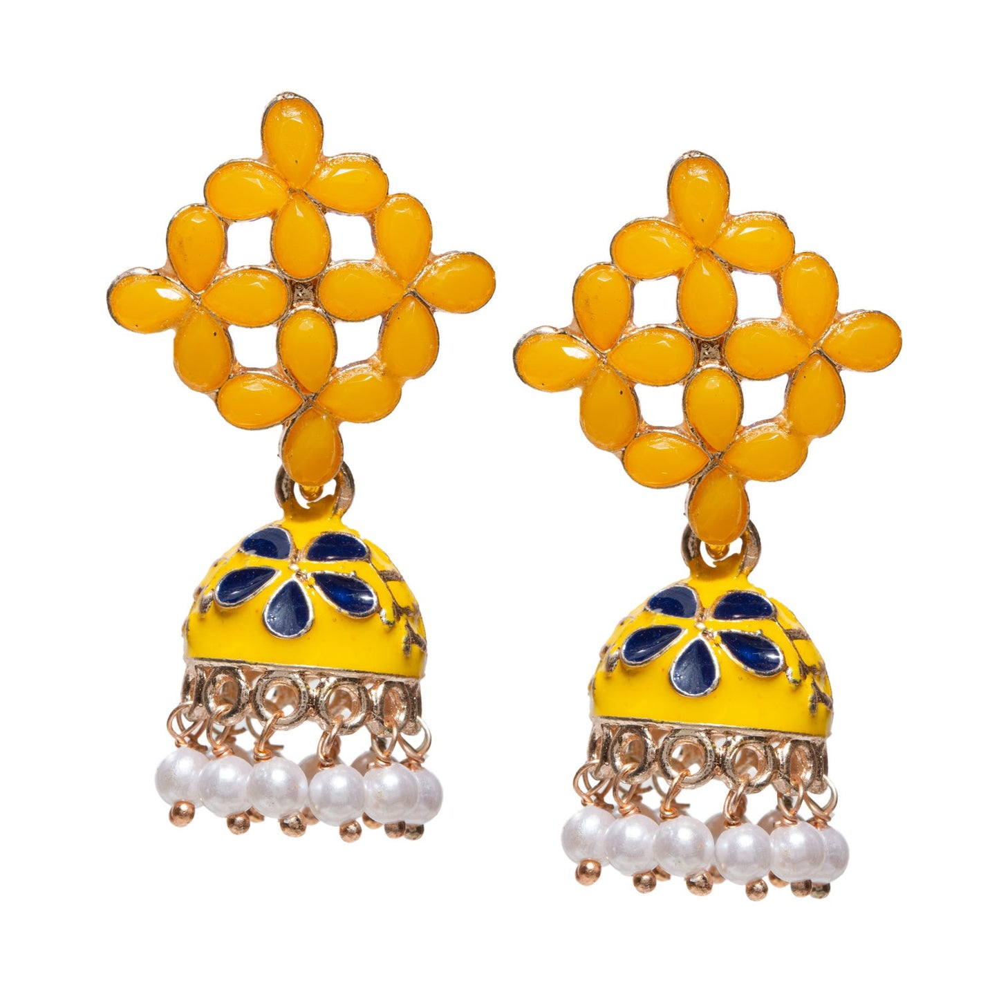 Bindhani gold-plated small Meenakari jhumki earrings in yellow color featuring a floral lattice stud design with yellow stone detailing, blue enamel dome-shaped jhumki, and dangling white pearl beads. Traditional ethnic earrings with intricate handcrafted finish for festive and wedding wear.