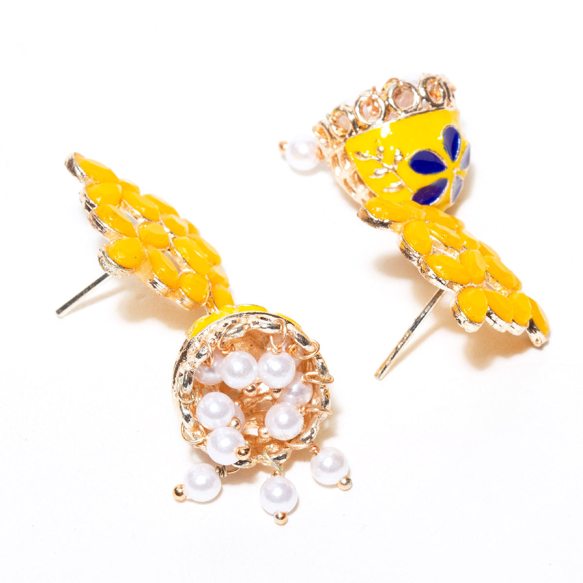 Back view of Bindhani gold-plated stylish yellow Meenakari jhumki earrings featuring a floral lattice stud design with yellow stones, dome-shaped enamel jhumki with blue floral detailing, and dangling white pearl beads. Lightweight traditional ethnic earrings with push-back closure and intricate handcrafted finish.