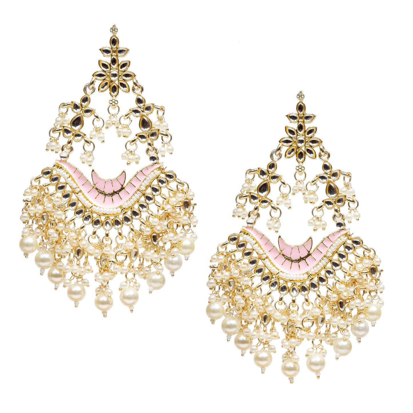 bindhani gold plated pearl drop kundan stone light pink meenakari long earrings for women girls