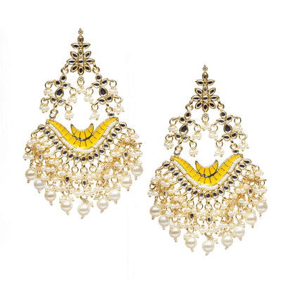 bindhani gold plated pearl drop kundan stone yellow meenakari long earrings for women girls